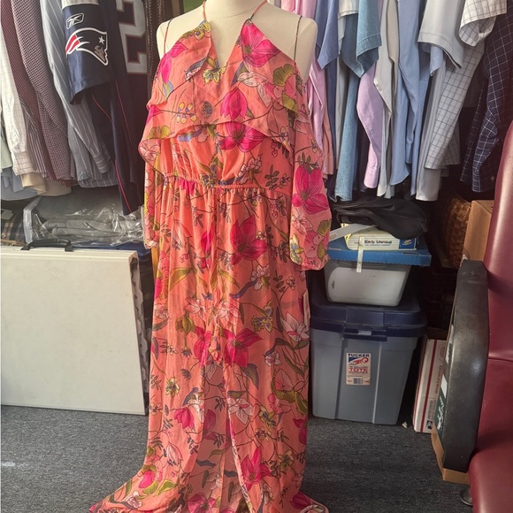 Gianni Bini Dresses & Skirts - Gianni Bini Vibrant Pink Floral Long Sleeve shorts with flowing sheer skirt NWT